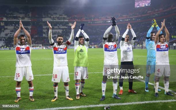 Jeremy Morel, Nabil Fekir, Jordan Ferri, Ferland Mendy, Houssem Aouar, goalkeeper of Lyon Anthony Lopes, Rafael Da Silva of Lyon celebrate the...