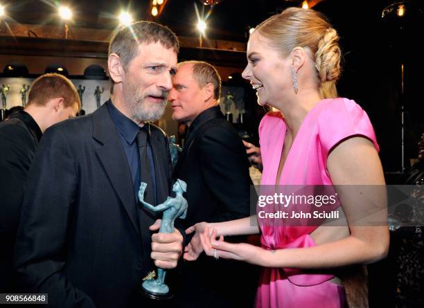 Actors John Hawkes, Woody Harrelson and Samara Weaving pose in the trophy room at the 24th Annual Screen Actors Guild Awards at The Shrine Auditorium...