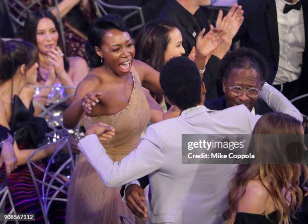 Actor Amanda Warren reacts during the 24th Annual Screen Actors Guild Awards at The Shrine Auditorium on January 21, 2018 in Los Angeles, California....