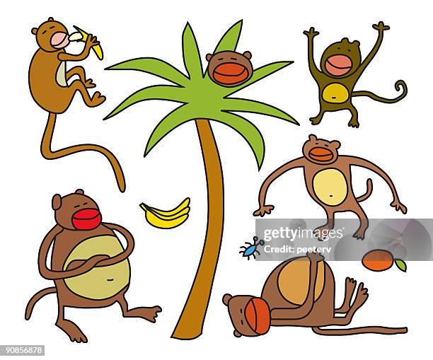 vector monkeys - ape eating banana stock illustrations