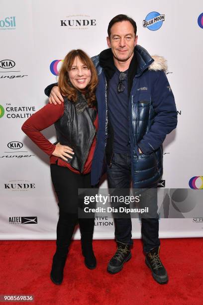 Producer Robin Bronk and actor Jason Isaacs attend the 2018 Spotlight Initiative Awards Gala Dinner at Kia Supper Suite on January 21, 2018 in Park...