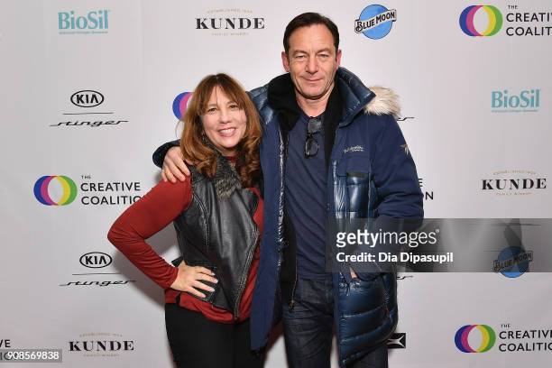 Producer Robin Bronk and actor Jason Isaacs attend the 2018 Spotlight Initiative Awards Gala Dinner at Kia Supper Suite on January 21, 2018 in Park...