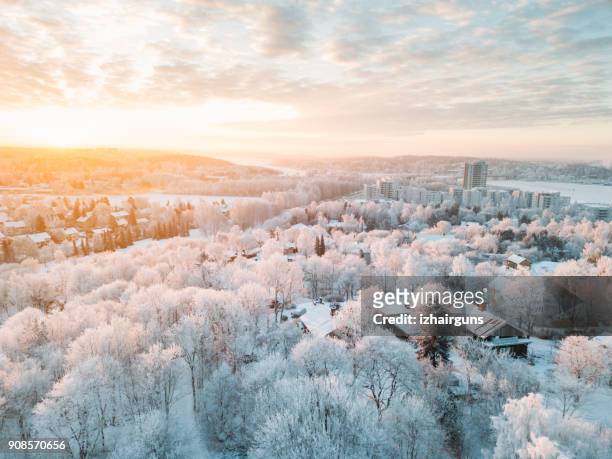 idylliska vinter turku city (finland) soluppgång med en frost på träden - turku bildbanksfoton och bilder