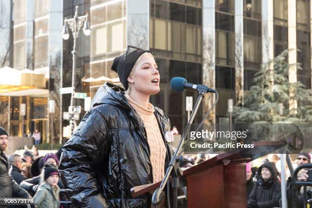 Halsey speaks at women's march in New York at Central Park West.
