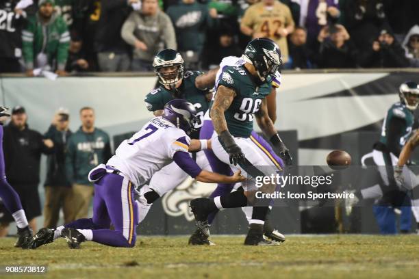 Philadelphia Eagles defensive end Derek Barnett forces a fumble during the NFC Championship game between the Philadelphia Eagles and the Minnesota...