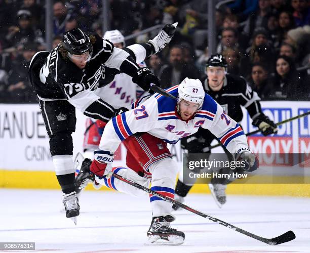 Ryan McDonagh of the New York Rangers checks Tyler Toffoli of the Los Angeles Kings during the second period at Staples Center on January 21, 201 in...