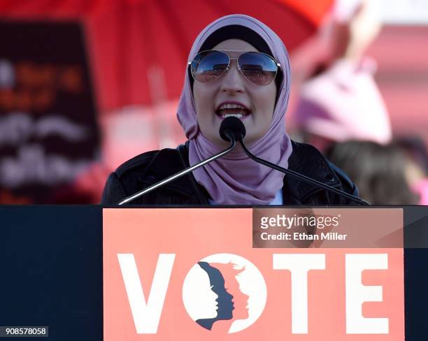 Women's March Co-Chairwoman Linda Sarsour speaks during the Women's March "Power to the Polls" voter registration tour launch at Sam Boyd Stadium on...