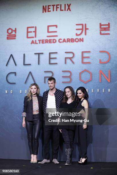 Actors Dichen Lachman, Joel Kinnaman, screenwriter Laeta Kalogridis and Martha Higareda attend the press conference for NETFLIX's 'Altered Carbon' on...
