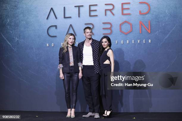 Actors Dichen Lachman, Joel Kinnaman and Martha Higareda attend the press conference for NETFLIX's 'Altered Carbon' on January 22, 2018 in Seoul,...