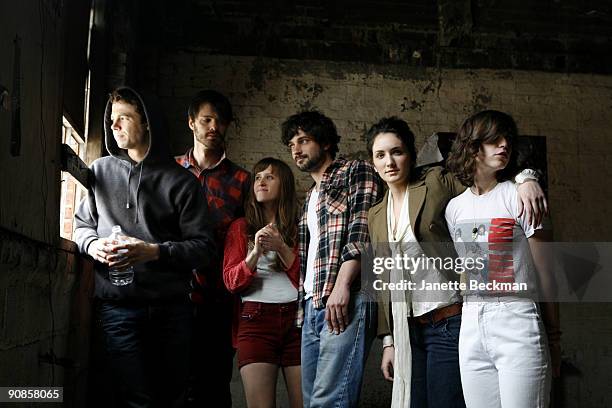 Band portrait of Brooklyn-based music group Dirty Projectors, Brooklyn, New York, June 2009. Pictured are, from left, Brian McOmber, Dave Longstreth,...