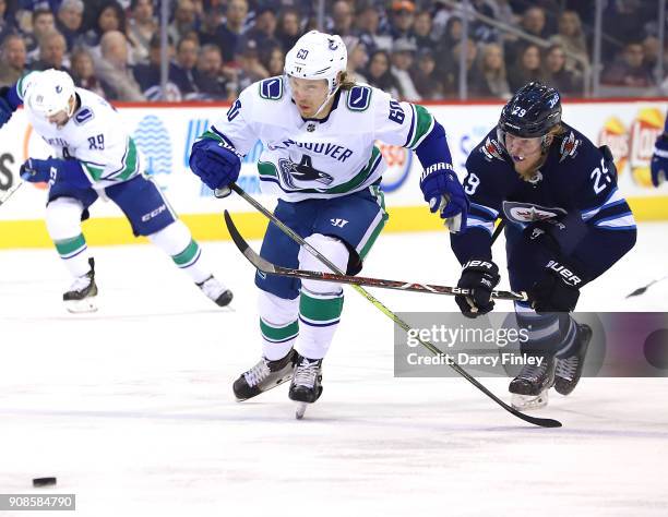 Markus Granlund of the Vancouver Canucks skates past a defending Patrik Laine of the Winnipeg Jets for a third period breakaway at the Bell MTS Place...