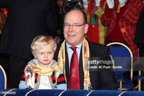 Prince Jacques of Monaco and Prince Albert II of Monaco attend the 42nd International Circus festival in Monte Carlo on January 21, 2018 in Monaco,...