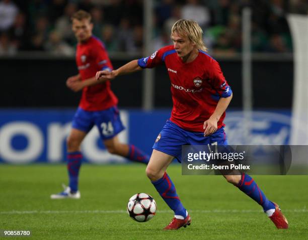 Milos Krasic of Moscow plays the ball during the UEFA Champions League Group B match between VfL Wolfsburg and CSKA Moscow at Volkswagen Arena on...