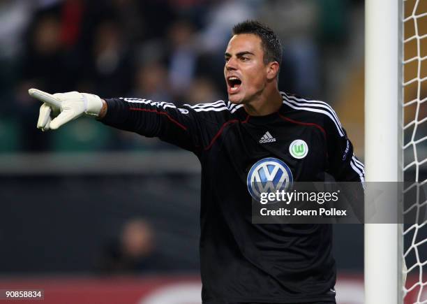 Diego Benaglio of Wolfsburg gestures during the UEFA Champions League Group B match between VfL Wolfsburg and CSKA Moscow at Volkswagen Arena on...