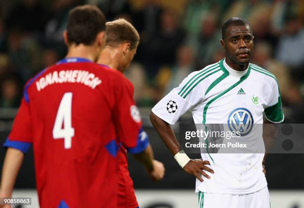 Grafite of Wolfsburg looks on during the UEFA Champions League Group B match between VfL Wolfsburg and CSKA Moscow at Volkswagen Arena on September...