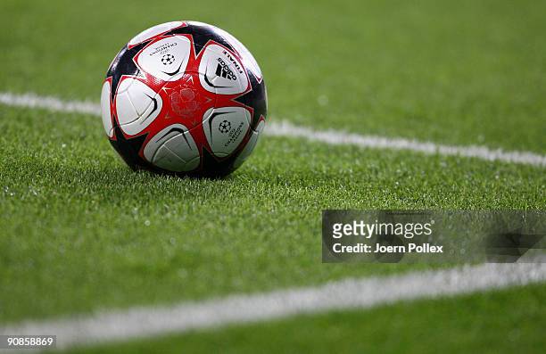 The official ball is pictured during the UEFA Champions League Group B match between VfL Wolfsburg and CSKA Moscow at Volkswagen Arena on September...