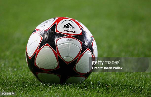 The official ball is pictured during the UEFA Champions League Group B match between VfL Wolfsburg and CSKA Moscow at Volkswagen Arena on September...