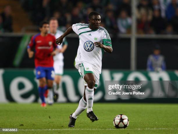 Obafemi Martins of Wolfsburg plays the ball during the UEFA Champions League Group B match between VfL Wolfsburg and CSKA Moscow at Volkswagen Arena...