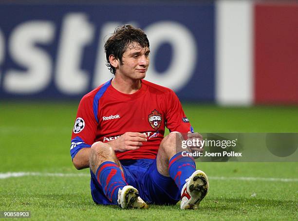 Alan Dzagoev of Moscow looks on during the UEFA Champions League Group B match between VfL Wolfsburg and CSKA Moscow at Volkswagen Arena on September...
