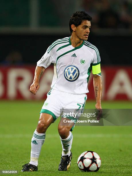 Josue of Wolfsburg plays the ball during the UEFA Champions League Group B match between VfL Wolfsburg and CSKA Moscow at Volkswagen Arena on...