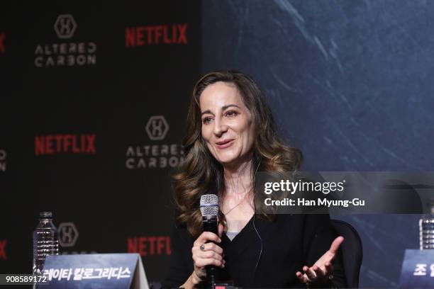 Screenwriter Laeta Kalogridis attends the press conference for NETFLIX's 'Altered Carbon' on January 22, 2018 in Seoul, South Korea.