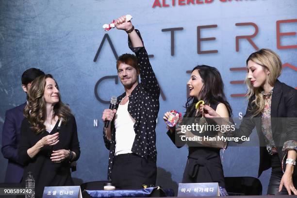 Actors Dichen Lachman, Joel Kinnaman, screenwriter Laeta Kalogridis and Martha Higareda attend the press conference for NETFLIX's 'Altered Carbon' on...