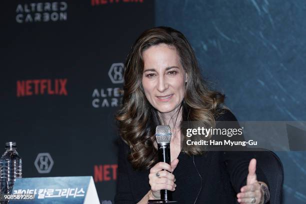 Screenwriter Laeta Kalogridis attends the press conference for NETFLIX's 'Altered Carbon' on January 22, 2018 in Seoul, South Korea.