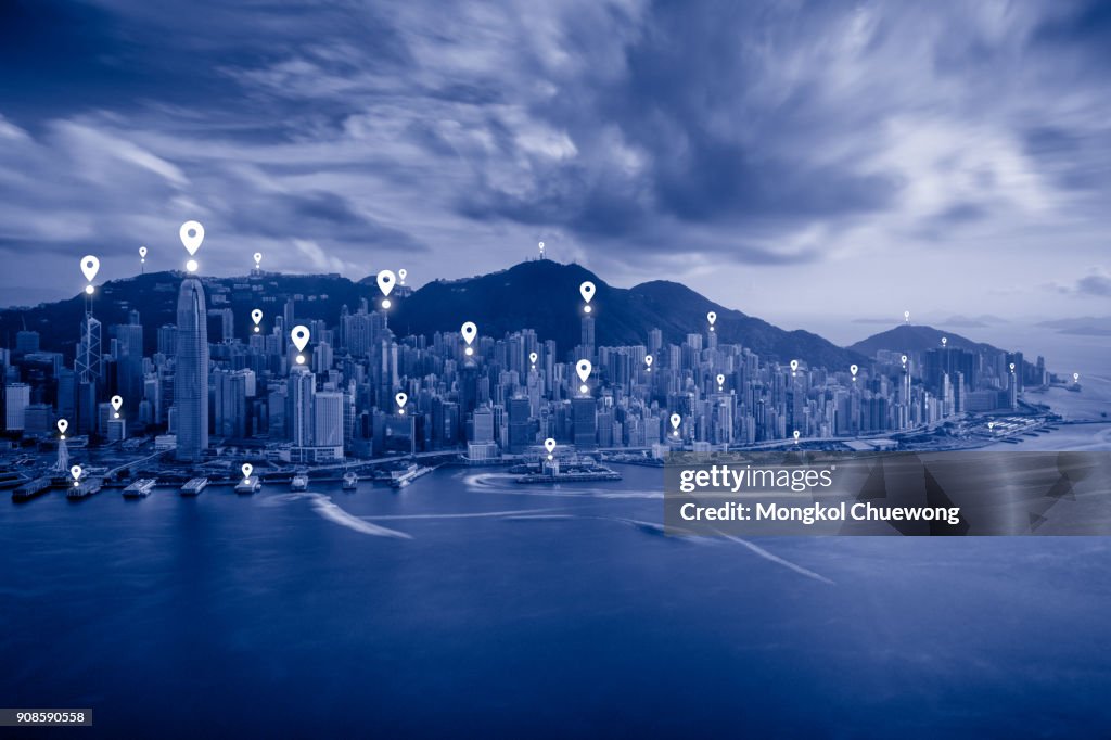 Blue tone Hong Kong cityscape view form sky 100 Hongkong and network connection concept , Map pin business district