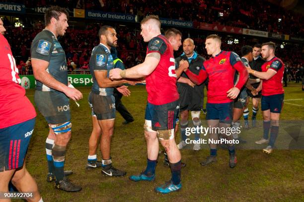 Munster players thanks to Castres players during the European Rugby Champions Cup Round 6 match between Munster Rugby and Castres Olympique at...