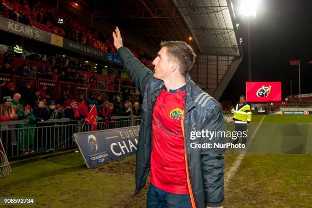 Ian Keatley of Munster thanks to his fans during the European Rugby Champions Cup Round 6 match between Munster Rugby and Castres Olympique at...