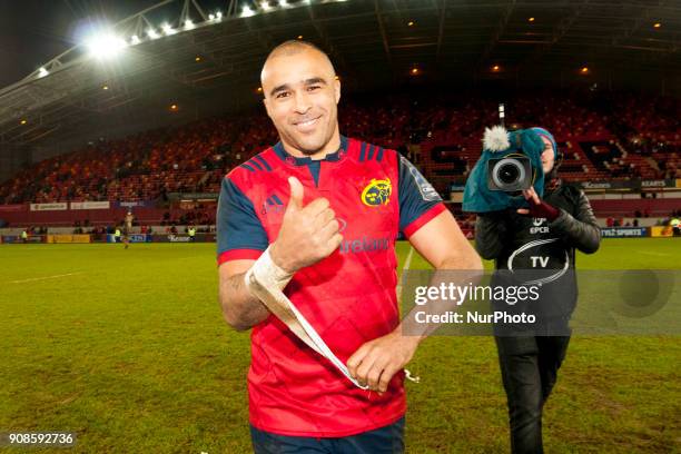 Simon Zebo of Munster celebrates during the European Rugby Champions Cup Round 6 match between Munster Rugby and Castres Olympique at Thomond Park in...