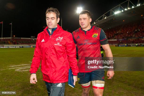 Head Coach Johann van Graan and CJ Stander of Munster during the European Rugby Champions Cup Round 6 match between Munster Rugby and Castres...