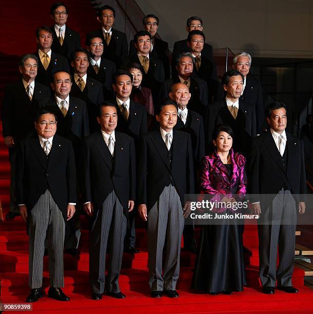 New Prime Minister and President of the ruling Democratic Party of Japan Yukio Hatoyama and his new cabinet members pose at the Prime Minister's...