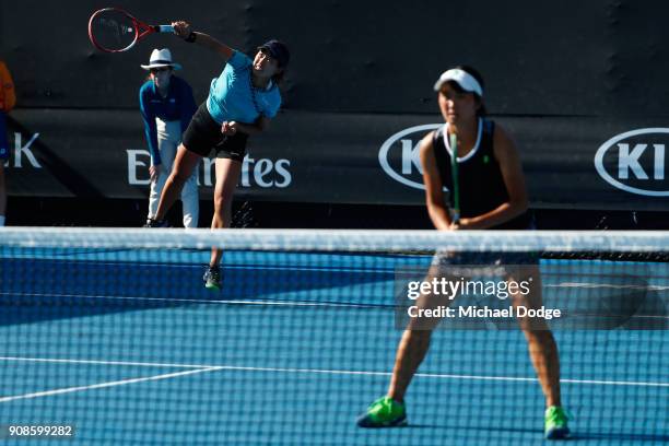 Anri Nagata of Japan and Moyuka Uchijima of Japan compete in their girl's doubles match against Elisabetta Cocciaretto of Italy and Sada Nahimana of...