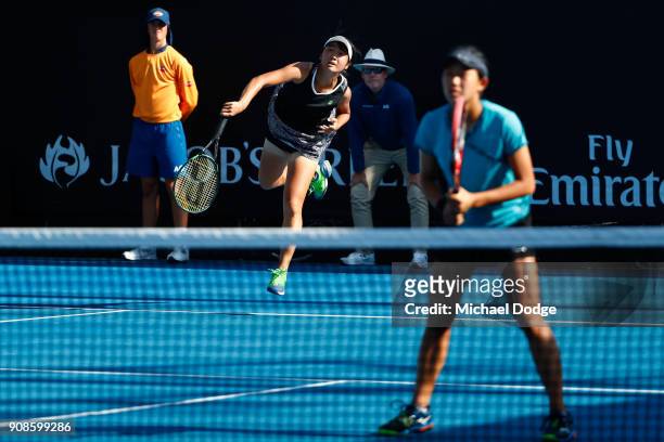 Anri Nagata of Japan and Moyuka Uchijima of Japan compete in their girl's doubles match against Elisabetta Cocciaretto of Italy and Sada Nahimana of...