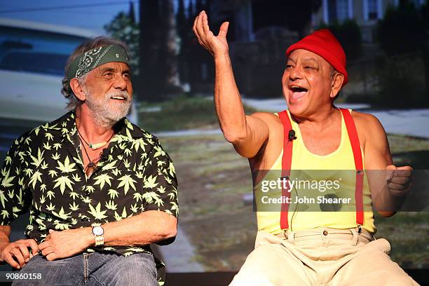 Comedians Tommy Chong and Cheech Marin perform at "MySpace Secret Stand Up Presents Cheech and Chong" at the Roxy Theatre on September 17, 2008 in...