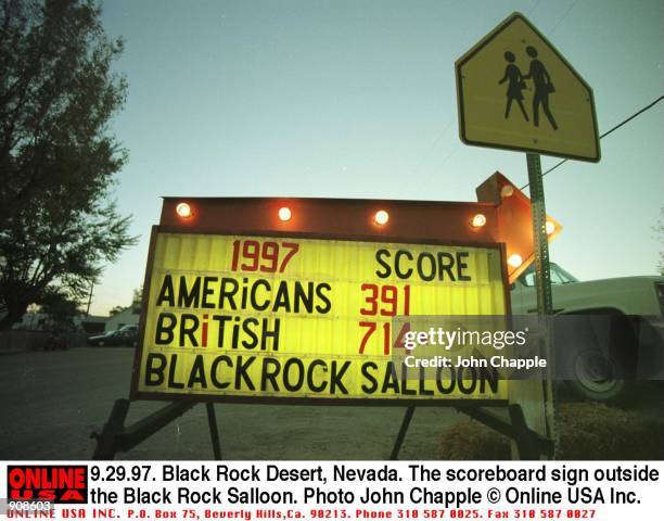 Black Rock Desert, Nevada. The score board sign outside the Black Rock Salloon
