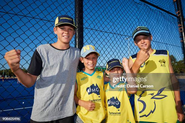 Fans get excited for the start of the match during game five of the International Test match series between the Australian Hockeyroos and Spain at...