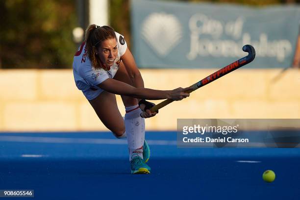 Maria Lopez of Spain passes the ball in the back line during game five of the International Test match series between the Australian Hockeyroos and...