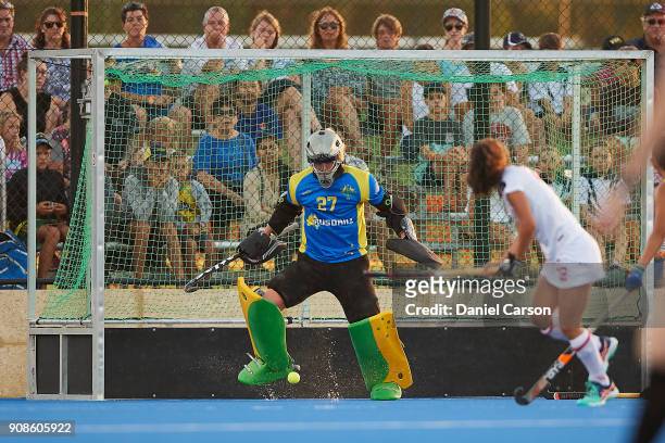 Rachael Lynch of the Hockeyroos saves a shot on goal during game five of the International Test match series between the Australian Hockeyroos and...