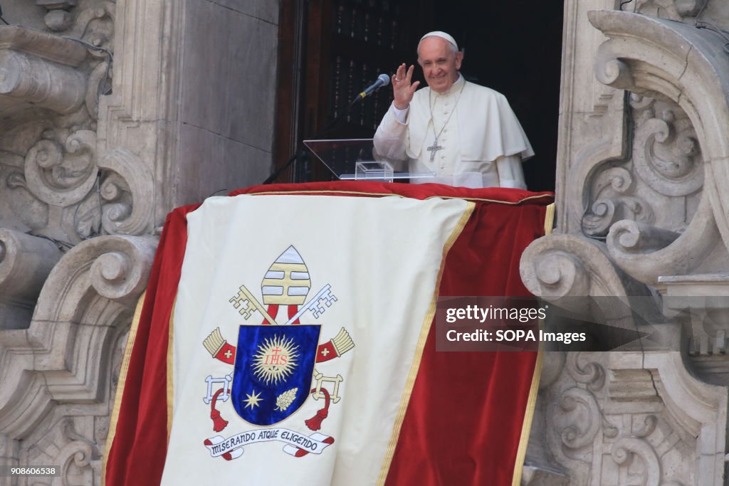 Pope Francis seen on the balcony of the cathedral during the...