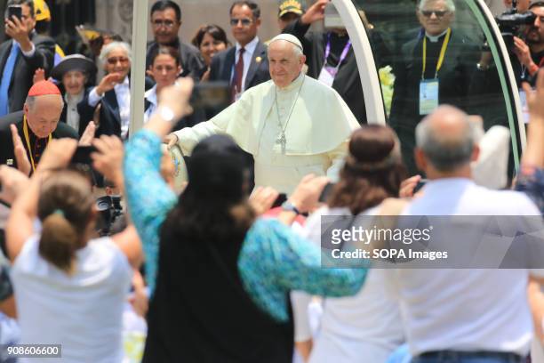 Pope Francis seen riding through the crowd after the Marian Angelus prayer ended. On his last day in Peru, Pope Francis prayed the Marian Angelus...