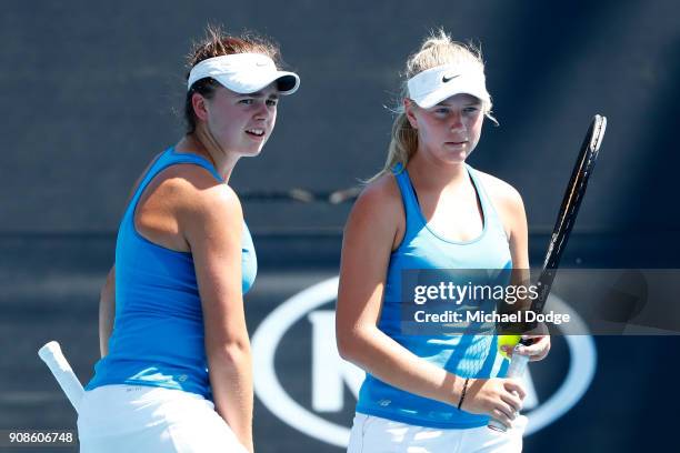 Lisa Mays of Australia and Amber Marshall of Australia compete in their girl's doubles match against Sohyun Park of Korea and Mananchaya Sawangkaew...