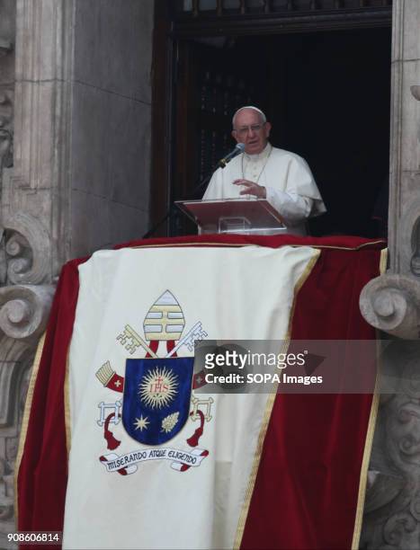 Pope Francis seen on the balcony of the cathedral during the Marian Angelus prayer. On his last day in Peru, Pope Francis prayed the Marian Angelus...