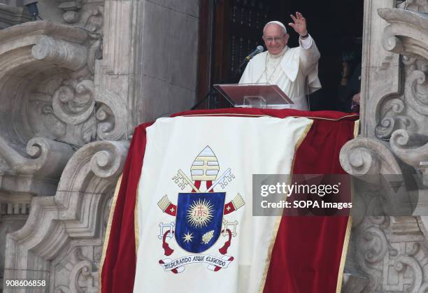 Pope Francis seen on the balcony of the cathedral during the Marian Angelus prayer. On his last day in Peru, Pope Francis prayed the Marian Angelus...