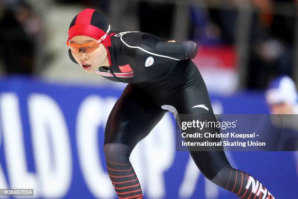 Jiachen Hao of China competes in the ladies 3000m Division A race during Day 3 of the ISU World Cup Speed Skating at Gunda-Niemann-Stirnemann-Halle...