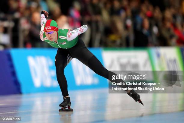 Marina Zueva of Belarus competes in the ladies 3000m Division A race during Day 3 of the ISU World Cup Speed Skating at...