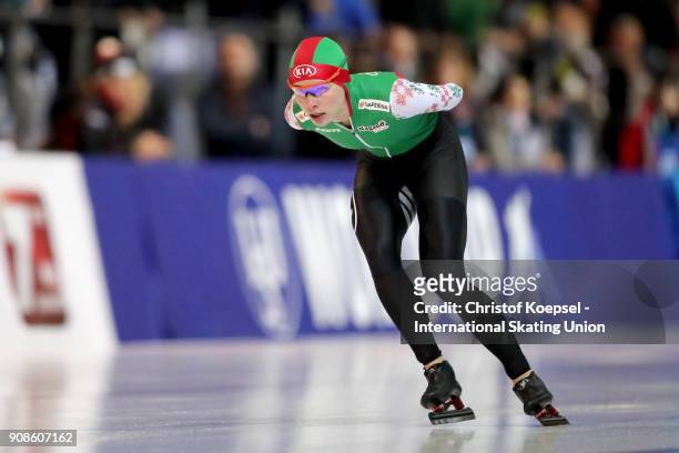 Marina Zueva of Belarus competes in the ladies 3000m Division A race during Day 3 of the ISU World Cup Speed Skating at...