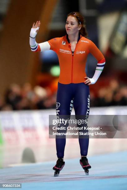 Antoinette de Jong of the Netherlands celebrates her second place in the ladies 3000m Division A race during Day 3 of the ISU World Cup Speed Skating...