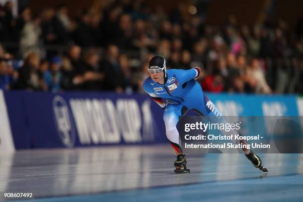 Competes in the ladies 3000m Division A race during Day 3 of the ISU World Cup Speed Skating at Gunda-Niemann-Stirnemann-Halle on January 21, 2018 in...